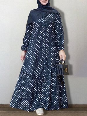 Women Polka Dot Printed Button Down Front Elastic Cuff Bohemian Kaftan Tunic Maxi Dress