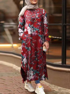 Women Cotton Floral Print Loose Contrast Color Robe Kaftan Split Hem Shirt Dress With Pocket