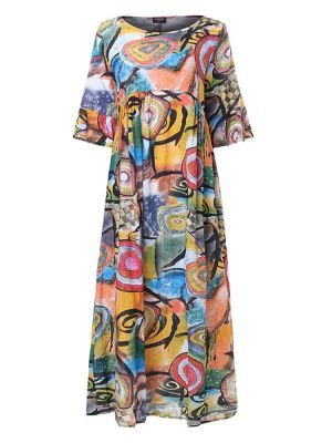 Women Retro Crew Neck 3/4 Sleeve Casual Maxi Dress