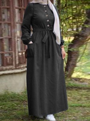 Women Plain Button Front Lace-Up Elastic Cuff Vintage Long Sleeve Maxi Dress With Pocket
