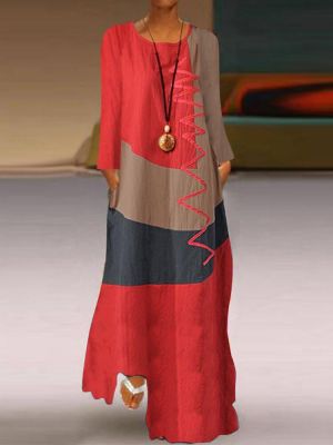 Womens Long Sleeve O Neck Splice Casual Long Maxi Dress