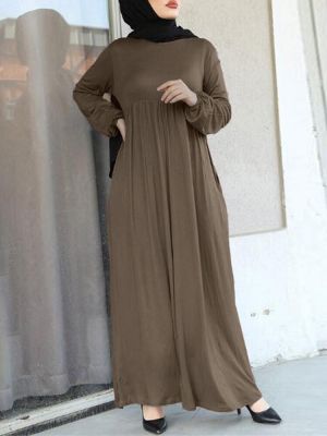 Women Retro Solid Color Elastic Cuff Knitted Muslim Maxi Dress with Side Pockets