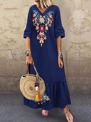 Bohemian Floral Print V-neck Flare Half Sleeve Beach Maxi Dress