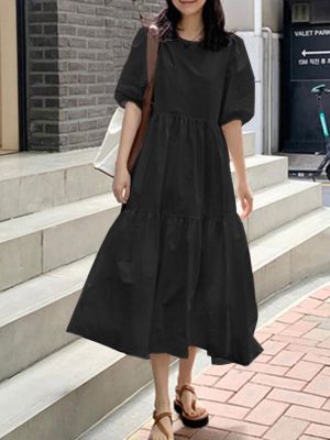 Casual Loose Round Neck Short Sleeve Solid Color Pleated Maxi Dress