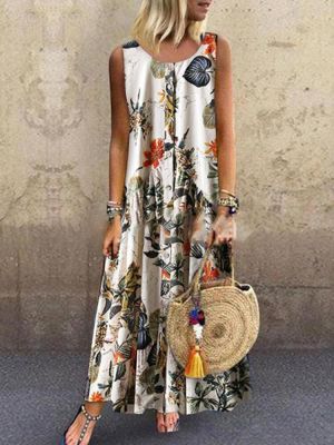 Vintage Sleeveless Floral Print Button O-neck Maxi Dress