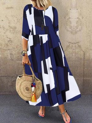 Women 3/4 Sleeve O-neck Geometric Print Loose Maxi Dress