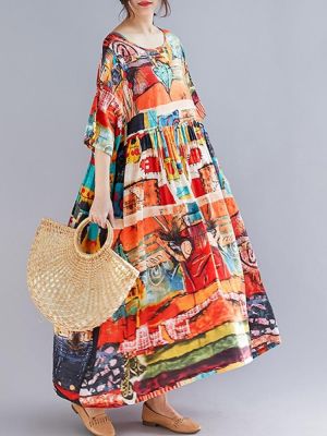 Women Bohemian Abstract Print O-Neck Short Sleeve Dress