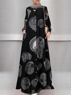 Bohemian Print O-neck Long Sleeve Buttons Kaftan Retro Shirt Maxi Dress With Pocket