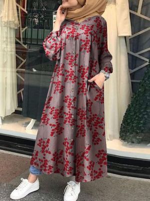 Women Retro Floral Printed O-neck Button Down Kaftan Pocket Maxi Shirt Dress