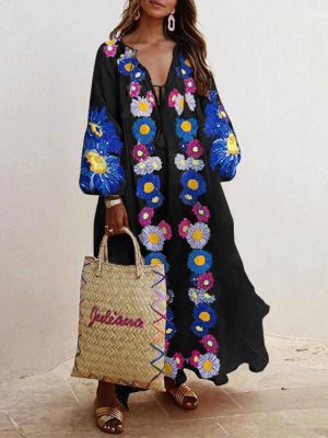 Women Bohemian Floral Print Tie Neck Long Sleeve Retro Maxi Dresses