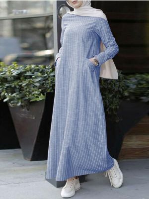 Women Vertical Stripe Cotton Long Sleeve Casual Kaftan Maxi Dresses With Pockets
