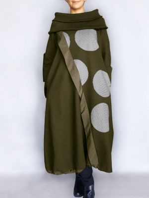 Women Polka Dot Stripe Stitching Turtleneck Long Sleeve Loose Maxi Dresses