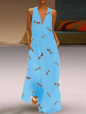 Women Sleeveless V-neck Floral Print Maxi Dress