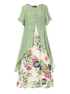 Vintage Short Sleeve O-neck Print Patchwork Pocket Long Maxi Dress For Women