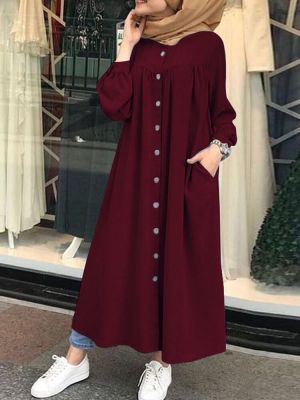 Solid Color Stand Collar Button Down Front Leisure Loose Maxi Dress with Side Pockets