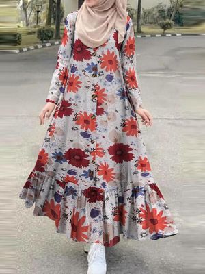 Women Cotton Floral Print Ruffles Hem Henry Neck Bohemian Long Sleeve Maxi Dress