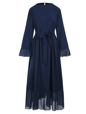 Casual Solid Color Flare Sleeve Lace-Up Chiffon Loose Muslim Maxi Dress
