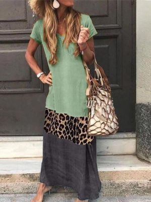 Leopard Print Patchwork Short Sleeve Causal Maxi Dress