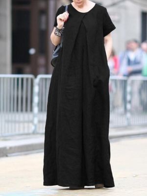 Casual Solid V-neck Short Sleeve Plain Cotton Maxi  Dress With Pocket