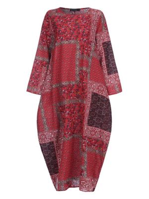 Women Long Sleeve O-neck Baggy Loose Maxi Dress
