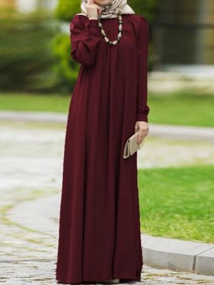 Women Vintage O-neck Button Long Puff Sleeve Kaftan Solid Color Maxi Dress