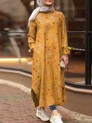 Women Colorful Print Round Neck Side Split Casual Long Sleeve Maxi Dresses