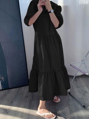 Solid Color Puff Sleeve Pleats Ruffle Hem Holiday Maxi Dress