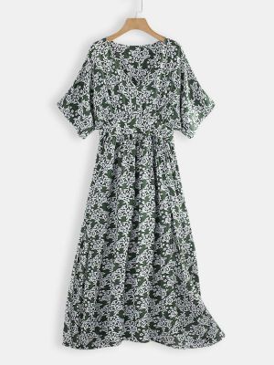 Floral Print V-neck High Waist Summer Casual Dress