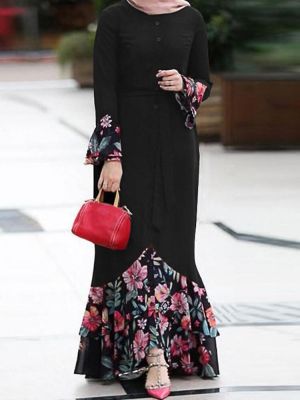 Women Floral Print Patchwork Mermaid Hem Long Sleeve Lace-Up Maxi Dress