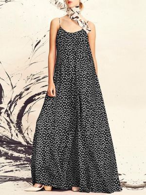 Women Polka Dot Print Spaghetti Straps Casual Maxi Dresses