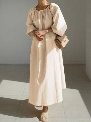 Women Solid Color Puff Sleeve Retro Style Pleated Maxi Dress