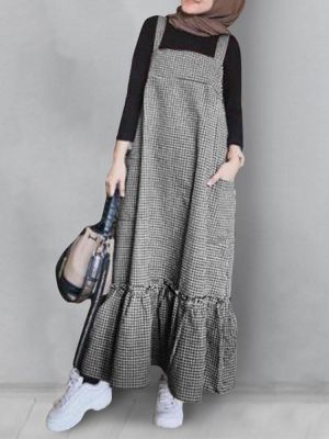 Women Plaid Patchwork Zip Back Casual Sleeveless Strappy Maxi Dresses With Pocket