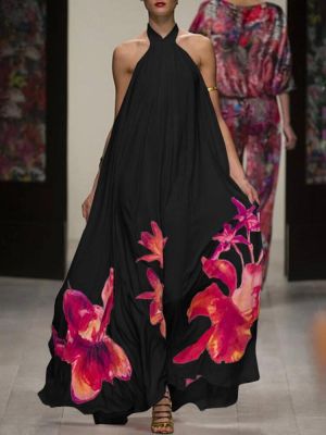 Women Holiday Floral Print Hanging Neck Loose Stylish Halter Maxi Dress