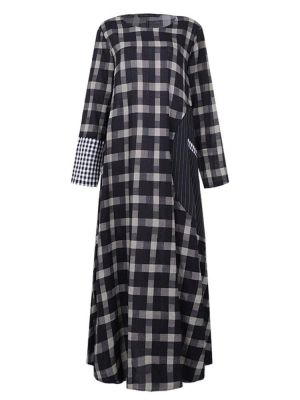Plaid Stitching O-neck Long Sleeve Casual Maxi Dress With Pocket