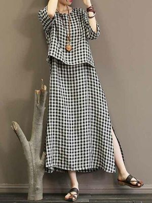 Casual Women Plaid Split Hem 3/4 Sleeve Dress