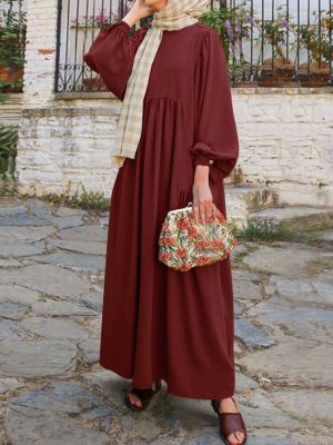 Women Retro Solid Puff Sleeve Hollow Out Collar Abaya Kaftan Pleated Maxi Dress