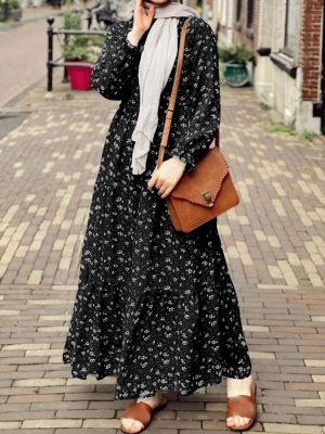 Women Allover Floral Print Puff Sleeve Ruffled Hem Casual Holiday Layered Dress