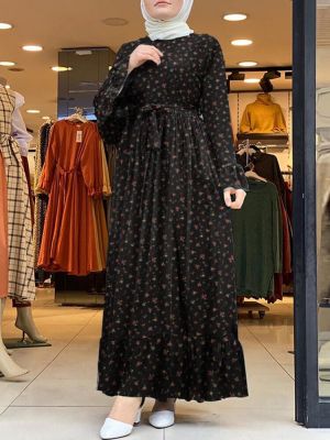 Women Ditsy Floral Print Ruffle Hem Swing Kaftan Maxi Dresses With Belt