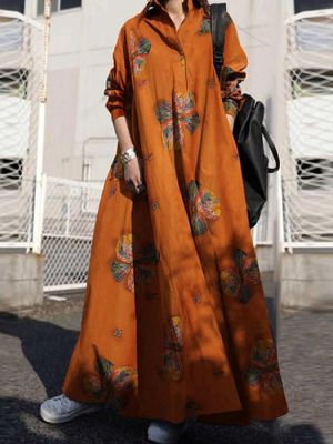 Women Retro Floral Print Lapel Bohemian Loose Long Sleeve Maxi Shirt Dress With Pocket