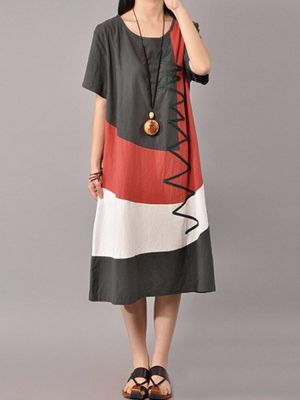 S-5XL Women Casual Short Sleeve Splice Loose O-neck Mid Long Dress
