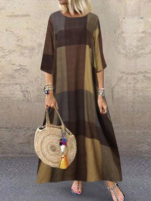 Women Casual Plaid Printed Round Neck 3/4 Sleeve Maxi Dress