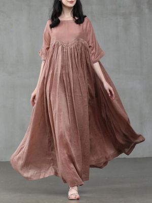 Women Vintage Cotton Solid Color Pleats Half Sleeve Swing Maxi Dresses