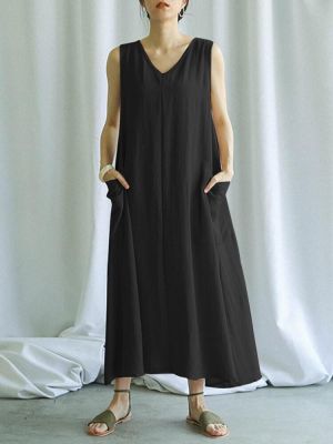 Women Casual Solid Color V-neck Sleeveless Side Pockets Loose Maxi Dress
