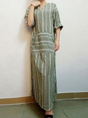 Women Striped V Neck Long Sleeve Casual Loose Maxi Dress