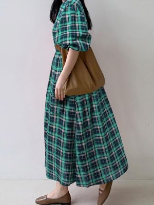Women Plaid Round Neck Half Puff Sleeve Casual Maxi Dresses