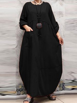 Women Vintage Solid Color Loose O-Neck Patchwork Long Sleeve Maxi Dress With Pocket