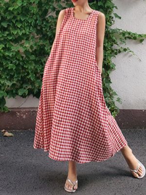 Women Casual Sleeveless Plaid Side Pocket Loose Maxi Dress