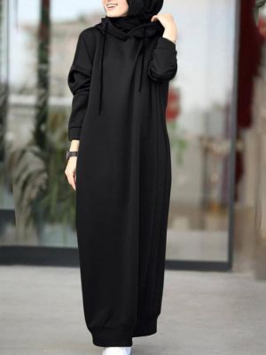 Women Brief Style Solid Color Drawstring Hooded Casual Dress With Pocket