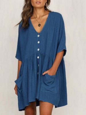 Women Casual Button V-neck Half Sleeve Mini Dress