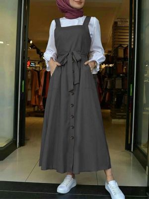 Women 100% Cotton Solid Color Straps Button Lace-Up Waist Maxi Dress With Pocket